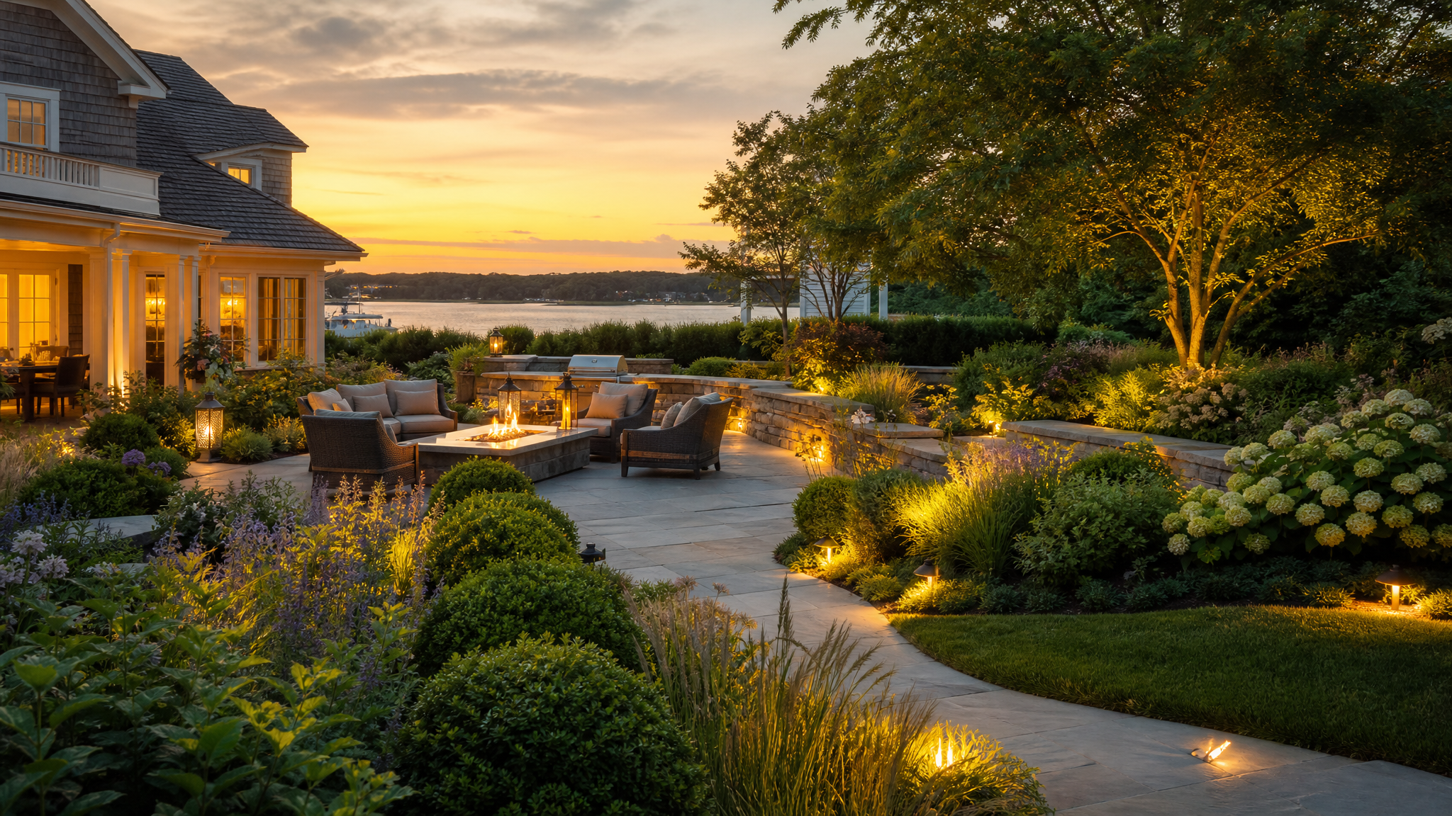 Luxury landscaped backyard at golden hour